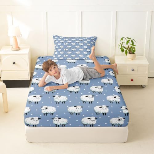 Blue Twin Size Cartoon Sheep Fitted Sheet Set with Pillowcase - Farm Animal Theme Deep Pocket Bedding for Kids Boys Girls Room Decor