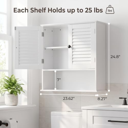 Wall Mounted Bathroom Cabinet with Louvered Doors - 23.6x8.27x24.8 Inches, White Rustic Style with Adjustable Shelf - Variation of 8.27"D x 23.62"W x 24.8"H