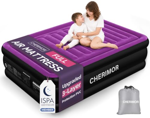 Full Air Mattress with Built-In Pump - 18 Inch Raised Support, Purple Flocked Surface