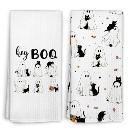 Halloween Ghost Black Cat Kitchen Towels Set of 2 - Fall10 Variation