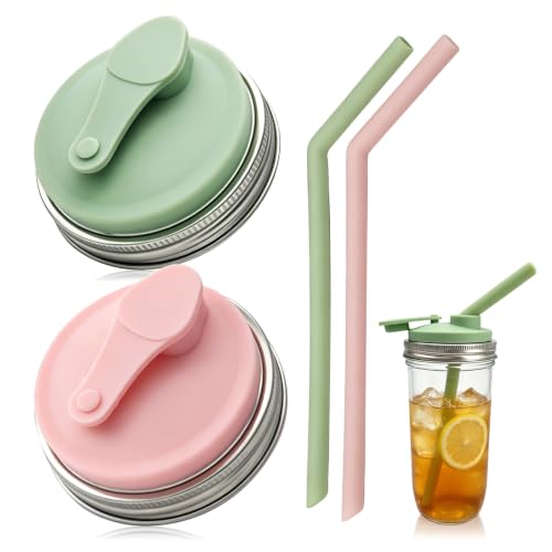 Wide Mouth Mason Jar Pour Spout Lids with Silicone Straws - 2 Pack