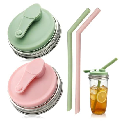 Wide Mouth Mason Jar Pour Spout Lids with Silicone Straws - 2 Pack