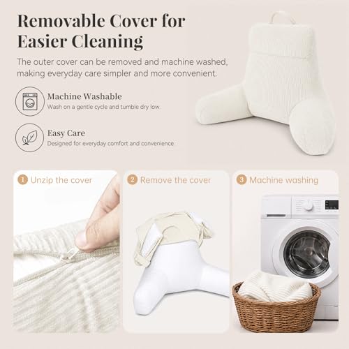 Reading Pillow with Arms for Bed Sitting Up - Beige, 24 Inch - Supportive Backrest