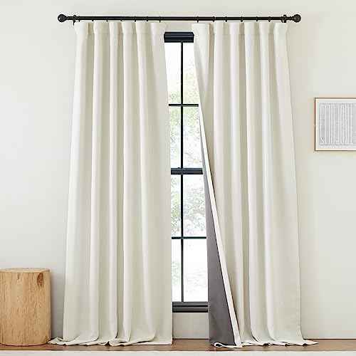 NICETOWN Natural Faux Linen 100% Blackout Curtain Single Panel 108 inch Long for Bedroom, W50 x L108, Rod Pocket/Back Tab/Hook Belt Linen Burlap Light Blocking Noise Dampening Drapes for Living Room