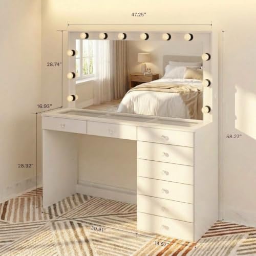 Vanity Desk with Framed Bulb Mirror – 8-Drawer Integrated Makeup Station