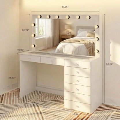 Vanity Desk with Framed Bulb Mirror – 8-Drawer Integrated Makeup Station