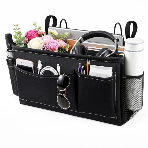 Black Bedside Caddy for Dorm Bed - Hanging Organizer with Reinforced Support