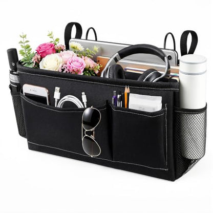 Black Bedside Caddy for Dorm Bed - Hanging Organizer with Reinforced Support