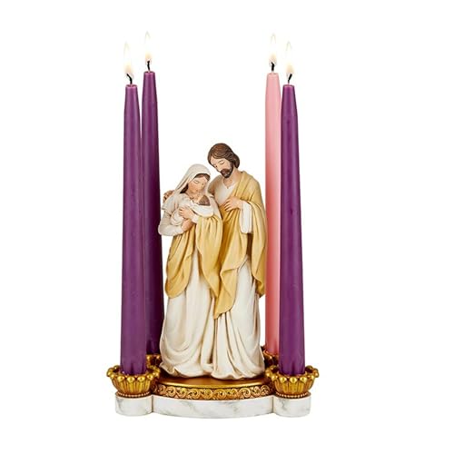 Holy Family Advent Candleholder - 6 x 9-Inch Multicolor Carved Resin Nativity Decor