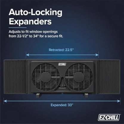 Twin Window Fan with Reversible Airflow, 2 Speed Settings, Auto-Locking Expanders