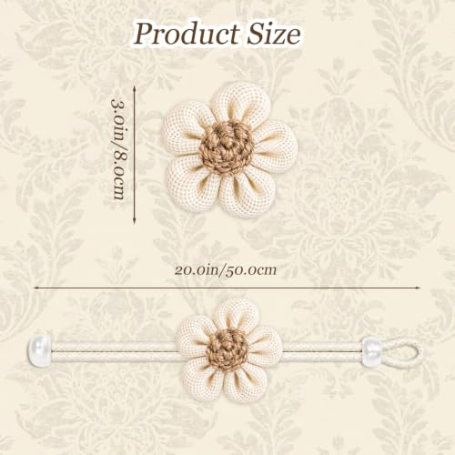 Cream Flower Curtain Tiebacks 2 Pack with Adjustable Rope & Wooden Bead - No Drill Decor