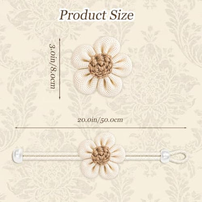 Cream Flower Curtain Tiebacks 2 Pack with Adjustable Rope & Wooden Bead - No Drill Decor