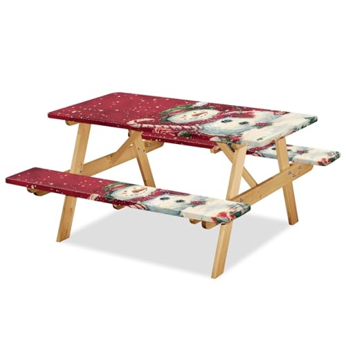 Snowman Picnic Table Cover with Bench Covers - Waterproof Christmas Outdoor Table Cover, 94 x 30 in, Cute Snowman Variation