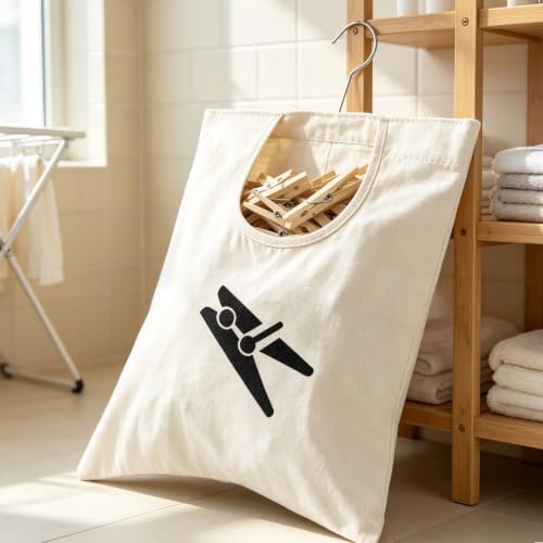 Laundry Clothespin Bag 12.5x11 Inch Canvas Hanging Storage White
