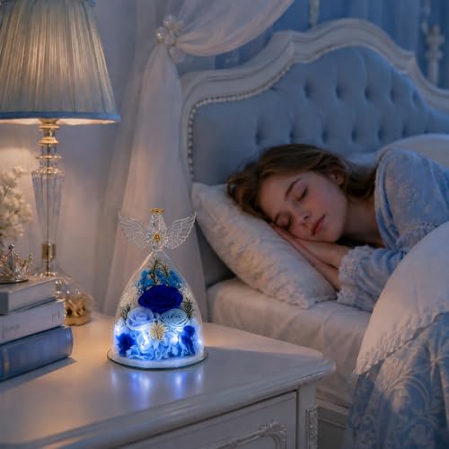 Blue Preserved Rose in Angel Glass Dome with LED Light - Gift for Mom