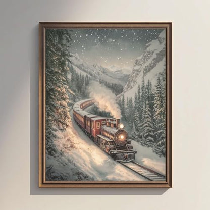 Vintage Christmas Train Wall Art Canvas Print Snowy Mountain Scene 14 x 11