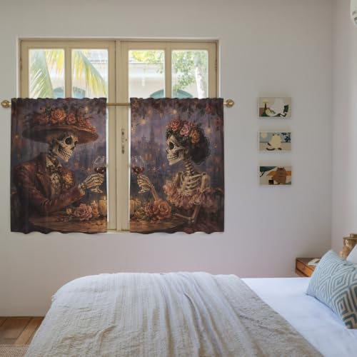 Halloween Tier Curtains Set - Skeleton Couple with Roses, Light Filtering, 27.5W x 45L, Black Burgundy Gold Variations
