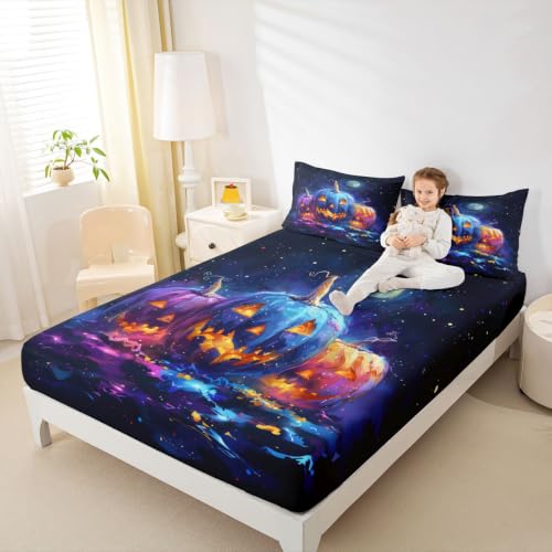 Neon Glow Pumpkin Bed Sheets Set King Size Kids Boys Girls - Blue Orange Black Variation