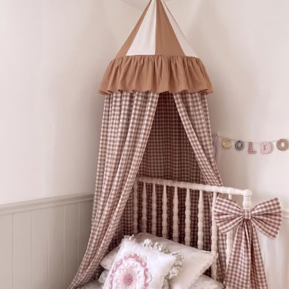 Beige Cotton Gingham Bed Canopy for Cribs & Twin Beds - Dreamy Nap Decor