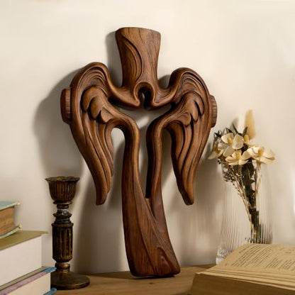 Retro Wooden Angel Cross Wall Decor - 13.8 Inch Handcrafted Jesus Crucifix