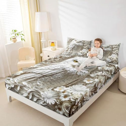 Manfei King Size Kids Bedding Set - 3D Owl White Rose Daisy Flower 4 Piece