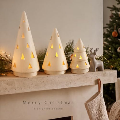 3 Pcs Terracotta Christmas Tree Figurines with LED String Lights - 5.12, 6.69, 9.45 Inches - Rustic Holiday Decor
