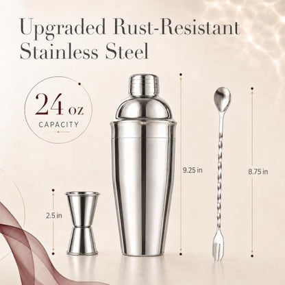 24 oz Stainless Steel Cocktail Shaker Set with Bar Tools & Guide