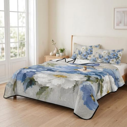 Blue White Flower Quilt Set Twin XL 3 Piece Bed Coverlet Bedding - Rustic Daisy