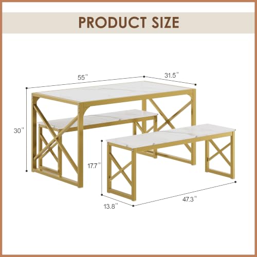 55-Inch Kitchen Dining Table Set for 4 with Benches - Space-Saving Steel Frame and Wood Grain Finish