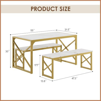 55-Inch Kitchen Dining Table Set for 4 with Benches - Space-Saving Steel Frame and Wood Grain Finish