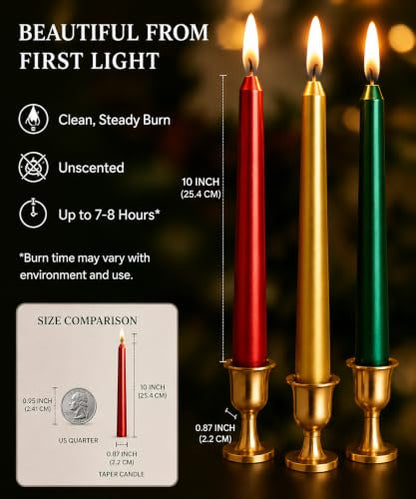 Metallic Taper Candles Set - 4 White, 4 Red, 4 Green, 4 Gold, 4 Silver, 10 Inch