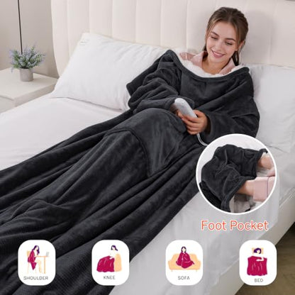 Wearable Heated Blanket with Foot Pocket - Grey 50x70 Inches