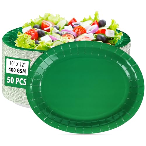 Green Oval Paper Plates 50 Pack - Large 12x10 Inch for Parties & Holidays