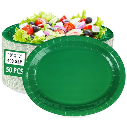 Green Oval Paper Plates 50 Pack - Large 12x10 Inch for Parties & Holidays