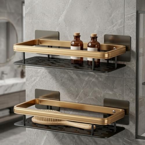 Wall Mounted Bathroom Shelf No Drill Black Gold Aluminum Vanity Organizer