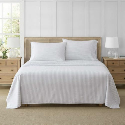Queen Cotton Flannel Sheet Set with Deep Pocket Fitted & Pillowcases - Ticking Stripe Blue