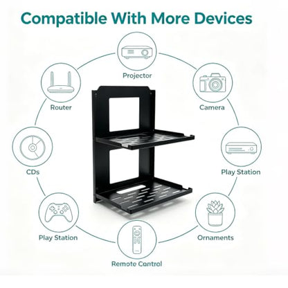 2‑Tier Foldable Wall Mount Router Shelf - Black Metal, 10" Wide