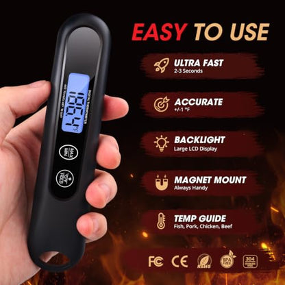 Digital Meat Thermometer with Backlight - Instant Read Food Thermometer Black