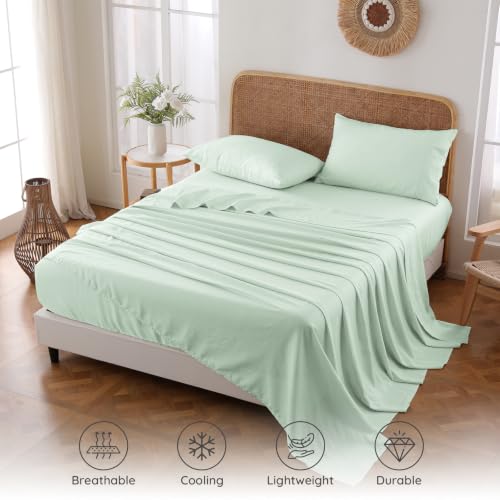 King Size French Linen Blend Sheets with Austria Tencel - Sage Green, Skin-Friendly, Deep Pocket fitted set