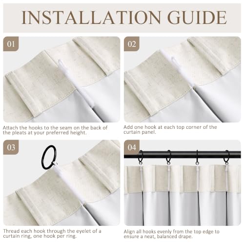 Blackout Linen Pinch Pleated Curtain 132 Inch Long - Natural Cream, 40" W x 132" L