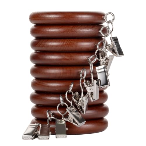 Walnut Wooden Curtain Rings with Clips - 24 Pack, 1.8 Inch Inner Diameter