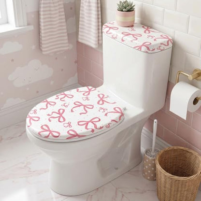 Pink Bow Toilet Lid Cover and Tank Cover Set - Stretch Fabric Bathroom Decor - Fits Round, Elongated & Oblong Toilets - 2 Pieces