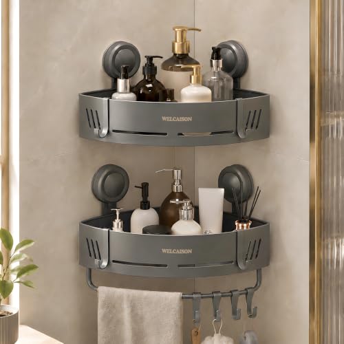 2-Pack Shower Caddy Corner Suction Cup Towel Rack with Bar & Hooks - Gray