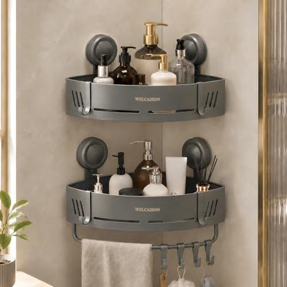 2-Pack Shower Caddy Corner Suction Cup Towel Rack with Bar & Hooks - Gray