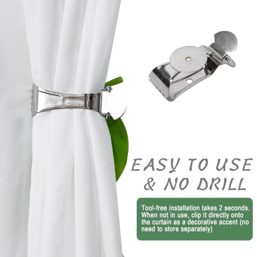 Farmhouse Leaf Curtain Tiebacks - Green Stainless Steel Clips with Artificial Leaf End - Pack of 2
