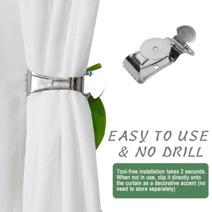 Farmhouse Leaf Curtain Tiebacks - Green Stainless Steel Clips with Artificial Leaf End - Pack of 2