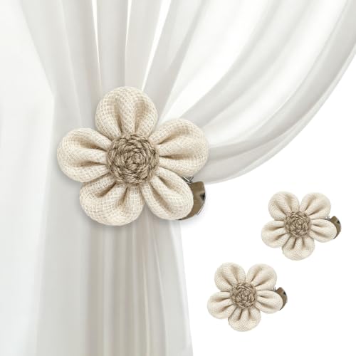 Rustic Boho Curtain Tiebacks & Flower Clips, 2 Pack for Sheer & Light Curtains