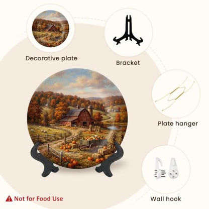 10-Inch Autumn Countryside Ceramic Plate with Stand & Wall Hook - Red Barn & Pumpkins Decor - Variation 3