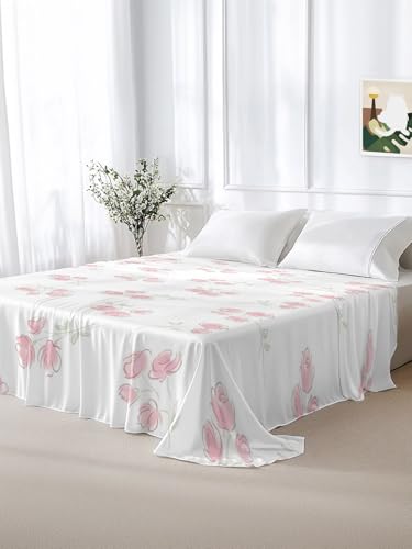 Full Size Pink Flowers Microfiber Flat Sheet - Spring Floral Bed Linen, 81x96, Easy Care, Farmhouse Style