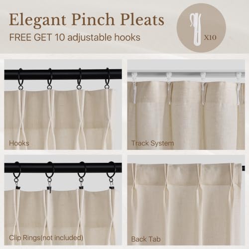 Natural Linen Curtains 24 Inch Length, Pinch Pleat, Light Filtering, 2 Panels